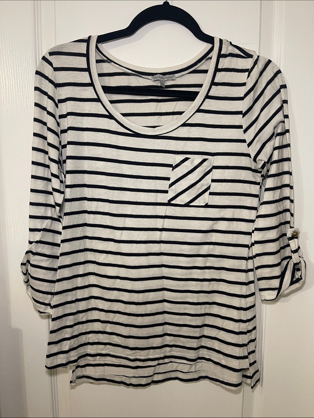 Charlotte Russe Black and White Striped Scoop Neck Long Sleeve Top